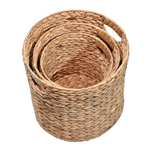 DreamCraft Set of 3 Bohemian Cottage Hyacinth Handwoven Cylinder Nesting <b>Baskets</b> with <b>Handles</b> Vietnam - Product Image 1