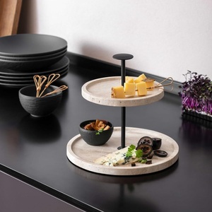 Elegant Two <b>Tier</b> Travertine Stone <b>Cake</b> <b>stand</b> with Metal Handle for Stylish Display Durable Natural Design for Modern Homes - Product Image 1