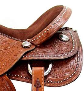Sillín occidental de ante marrón rojizo Natural genuino, accesorio de acero de hierro tallado a mano completo para montar a caballo - Product Image 3
