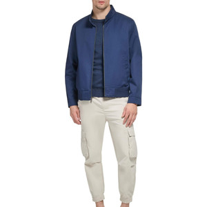 Blue Zipper Canvas Stand Collar Lightweight Customized <b>Baseball</b> <b>Bomber</b> <b>Jacket</b> with Embroidered Logo and Pockets for Men - Product Image 5