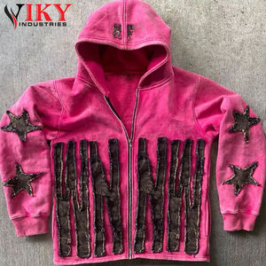 Sudadera con Capucha para Hombre de Primera Calidad, Vintage, con Apliques Bordados, Lavada al Ácido, Desgastada, con Cierre, de Algodón y Poliéster, Transpirable y de Secado Rápido - Product Image 5