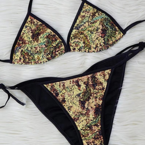Sexy, nuevo diseño, vestido Sexy personalizado para la playa, conjunto de Bikini listo para usar con lentejuelas doradas en negrita - Product Image 1