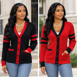 Cardigan en coton 100% brodé noir/rouge avec double rayures horizontales contrastées, collection Sorority University DST - Product Image 6