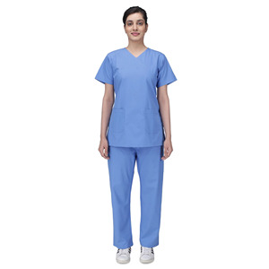 Women Blue Scrub Set V-Neck <b>Top</b> With Pockets And Straight Leg Pants Hospital Uniform Woven Fabric Cotton Polyester Mix - Product Image 2