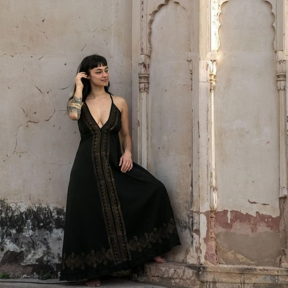 Boho Chic Long Open Back Dress with Ethnic Block Print Tribal Style Clothing for Autumn Maxi Length Goa Dress| Alibaba.com Boho Chic Long Open Back Dress with Ethnic Block Print Tribal Style Clothing for Autumn Maxi Length Goa Dress| Alibaba.com