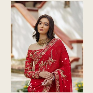 Sari de Georgette Bordado de Color Rojo, Último Modelo Exclusivo, Estilo Étnico para Bodas, Aspecto Impresionante y Moderno - Product Image 1