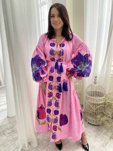 2024 hiver attrayant bohème ukrainien Mini robe pour femmes lin doux avec motif floral brodé vacances manches longues - Product Image 4