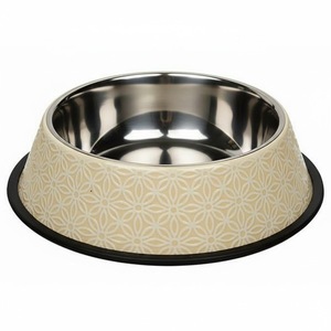 Comedero y Bebedero Vintage de Acero Inoxidable para Mascotas con Elegante Inserto Floral Geométrico en Color Crema Beige, Fácil de Limpiar - Product Image 1