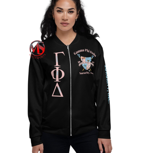 <b>Top</b> Womens Gamma Phi Delta Sublimation Printed Splice Color Quilt Lining Welted Pockets Sorority Bomber Jackets Women's - Product Image 5