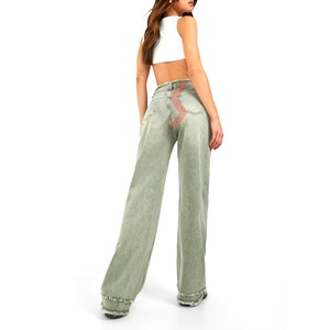 Pantalones vaqueros de algodón de verano de cintura alta para mujer, estilo informal para mujer, bolsillo impreso personalizado, mejor precio, pantalones de alta moda OEM - Product Image 2