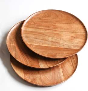 Plats à manger en bois d'acacia robustes, assiette à dîner en bois rustique, ensemble de vaisselle pour pâtes, hamburgers, amuse-gueules - Product Image 1