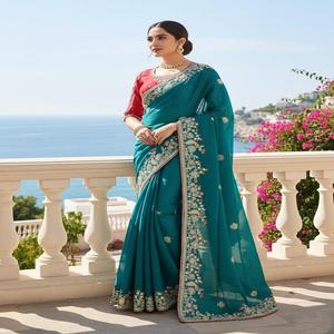 Sari de Seda Chifón Suave Premium para Mujer, con Pallu, Bordado Completo, Borde Butta, Mono Banglory, Trabajo de Bordado Pesado - Product Image 1