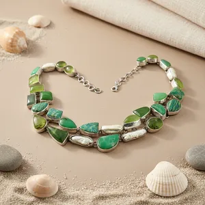 Collier ras du cou en argent 925 pour femme, avec pierre naturelle verte, serti de pierres géométriques, style bohème, chaîne à maillons, pour usage quotidien, marque [Nom de la marque] - Product Image 1