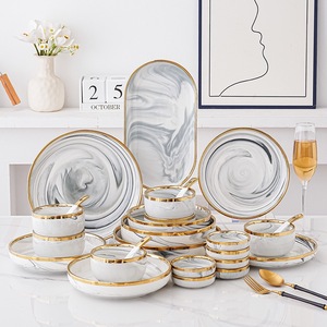 Ensemble de vaisselle en céramique écologique à motif de marbre blanc naturel bordé d'or lisse émaillé sans BPA, assiettes, bols, coffret cadeau - Product Image 1