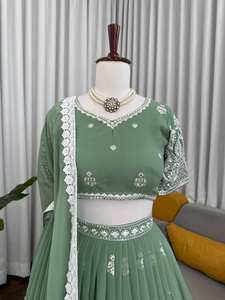 Kadınlar İçin Geleneksel İşlemeli Hızlı Kuruyan Faux Georgette Lehenga Choli Takımı Dupatta Parti Düğün Şenlikli Günler Gelin Stili - Product Image 5