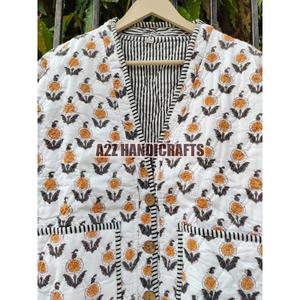 Elegante abrigo de invierno Reversible bohemio para mujer, tela de algodón acolchada hecha a mano india, chaqueta de otoño, botón de punto a rayas - Product Image 4