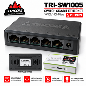 Commutateur Ethernet Gigabit TRICOM 5 ports 10/100/1000 Mbps, design compact, montage mural, Plug & Play - Product Image 1