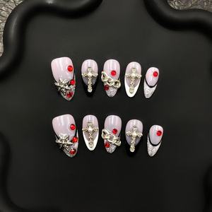 Set di chiodi a pressione corta color rosa con Aura Chic di lusso stile francese con colla per unghie finte con Logo personalizzato personalizzabile - Product Image 2