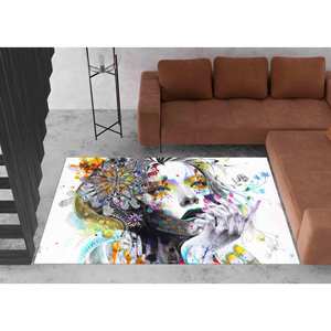 Alfombra con Retrato de Mujer Abstracta: Decoración Artística Moderna y Colorida, Alfombra Impresa, con Pelo Suave - Product Image 1