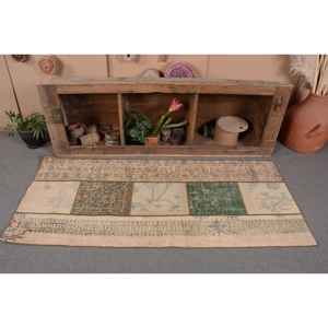 Alfombra de lana turca Vintage de 2,7x6,2 pies, diseño de retales verde Beige, técnica de tejido plano para decoraciones de sala de estar, látex de 4m - Product Image 4