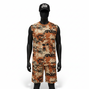 Ensemble t-shirt et short sans manches pour homme en polyester premium, tissu respirant, impression par sublimation, ensemble t-shirt et short sans manches pour homme - Product Image 1