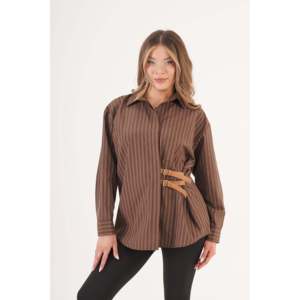 Camisa a Rayas Marrón con Doble Cinturón para Mujer LUSTRIN - Blusa Elegante Casual de Manga Larga para Uso Diario - Product Image 4