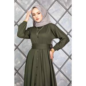 Vestido Hijab con cinturón abotonado caqui para niñas y damas, bata tradicional de lujo con opción de talla grande para el verano - Product Image 3