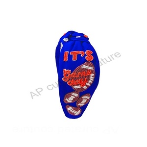 Girls sports day <b>headband</b> seed beaded <b>football</b> game day top knotted hair accessory hand embroidered - Product Image 5