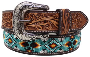 Ceinture décontractée de style occidental de luxe faite à la main en cuir de vache véritable avec broderie florale perlée et boucle en cuivre - Product Image 2