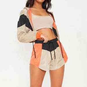 2025 Custom Womens <b>Crop</b> <b>Top</b> Color Block Windbreaker Tracksuit Polyester Hoodie & Jogger Shorts Set with Stand Collar Wholesale - Product Image 6