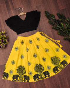 Shoryam Fashion Lehenga Choli pour enfants, jaune, avec broderie motif arbre et éléphant, volants noirs, tenue ethnique de soirée longue pour filles - Product Image 1