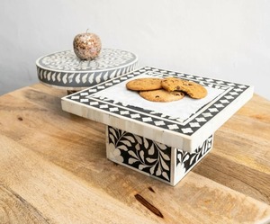 Soporte de pastel de incrustaciones de hueso redondo decorativo con diseño geométrico Soporte de pastel de incrustaciones de hueso hecho a mano con patrón de motivo de flor artística - Product Image 2