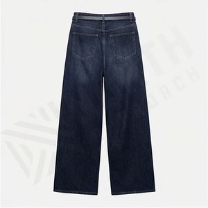 Women 2025 Early Autumn Breathable Cute Solid Casual Mid Waist Wide Leg <b>Denim</b> <b>Trousers</b> With Belt Premium Quality Stylish Attire - Product Image 2