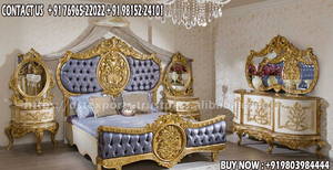 Meubles de chambre à coucher de style baroque pour villas de luxe Lits européens sculptés à la main en bois de teck Lit Royal Maharaja avec table d'appoint - Product Image 5