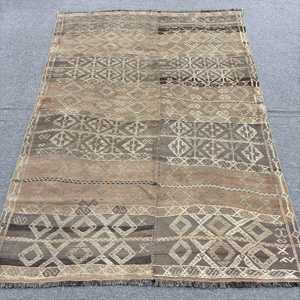 4.1x5.7 ft Turkish Rug, Kilim Rug, <b>Brown</b> Patchwork Rug <b>Wool</b> - Product Image 1