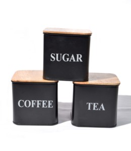 Modern Set of 3 Black Metal Wood Airtight Food Storage Containers with Lids Coffee <b>Tea</b> Sugar <b>Canister</b> Kitchen Storage Box - Product Image 1