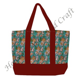 Sac fourre-tout en toile imprimé à la main avec poignée bordeaux, design floral multi-main, durable, deux bretelles, vente en gros BHCB084 - Product Image 3