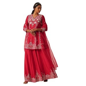 Set di paillettes rosse abbellite Kurti Palazzo all'ingrosso donna abbigliamento etnico OEM fornitore di abbigliamento personalizzato festa di nozze abito vestito - Product Image 1