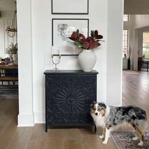 Armoire d'appoint modulaire en bois massif à deux portes, motif floral noir sculpté à la main, design gain de place, salon moderne, comprend l'intérieur - Product Image 3