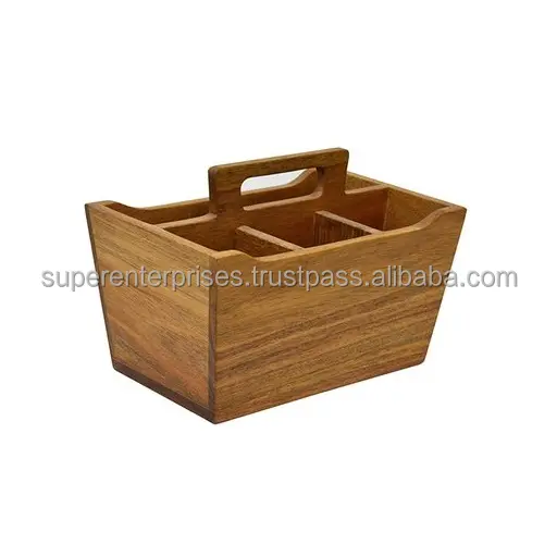 Organizador de condimentos de madera natural Caddy de cubiertos con asa Artículo al por mayor Artesanía India Artículo decorativo para el hogar Nuevo diseño