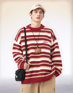 Haute qualité rétro rue couleur col rond rayé pull pull lettres broderie chaud pull en tricot ample - Product Image 4