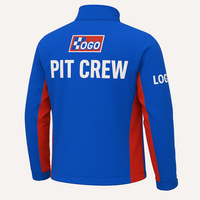 Vestes Softshell Personnalisées MX BMX VTT pour Équipe de Pit Crew, Imprimées par Sublimation avec Logos de Sponsors, Coupe-Vent, Respirantes, Séchage Rapide, Tenue de Course Automobile