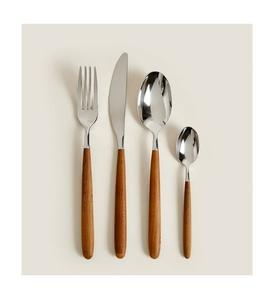 Elegant Matte Black & Wood Cutlery Set with Knife <b>Fork</b> & Spoons Flatware and Natural Handles - Product Image 2