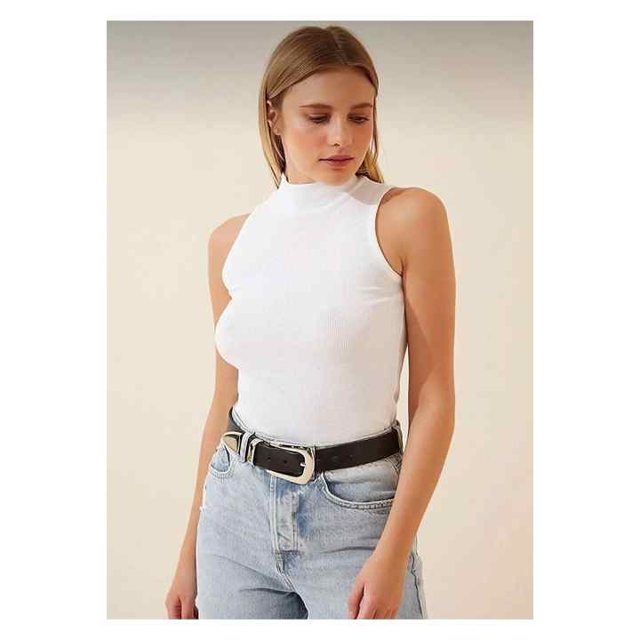 Women's Black Stand Collar Sleeveless Basic Ribbed Blouse