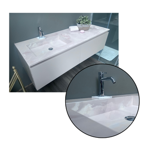 Mueble de Baño Rosa de Pared de Alta Calidad y Elegante con Lavabo Integrado con Efecto Mármol Rosa, Cajones Color Rosa Mate, Hecho a Mano - Product Image 4