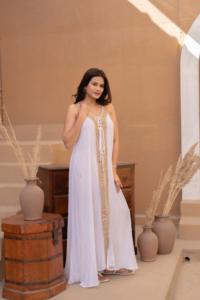 Boho White Halter Maxi <b>Dress</b> <b>Gold</b> Embroidery Grecian Style Beach Coverup Elegant Bridal Shower Honeymoon Wedding Guest Gown - Product Image 2