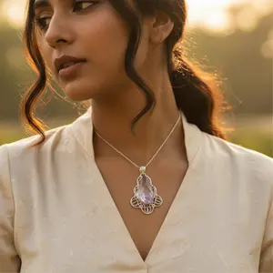 Pendentif en argent 925 avec quartz rose pour femmes, pendentifs et breloques en cristal - Product Image 2