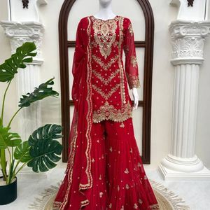 Red Embroidered Salwar Kameez Pakistani <b>Wedding</b> <b>Dress</b> Long Dupatta Net Sharara <b>Suit</b> <b>for</b> Bride Party Wear - Product Image 5