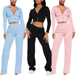 เสื้อครอปแจ็คเก็ตแบบลำลองมีฮู้ดและกางเกงพลุกระดิ่งพร้อมกระเป๋าสไตล์สีทึบชุด2ชิ้นทรงผอมโลโก้ออกแบบได้ตามต้องการฤดูใบไม้ร่วงฤดูหนาว - Product Image 2