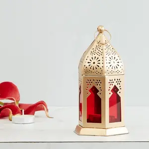 Lanterna retrô marrocos de metal, vela pequena de metal dourado com vidro vermelho para decoração de natal
